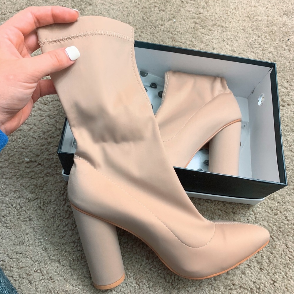 Neutral bootie heels sock yeezy